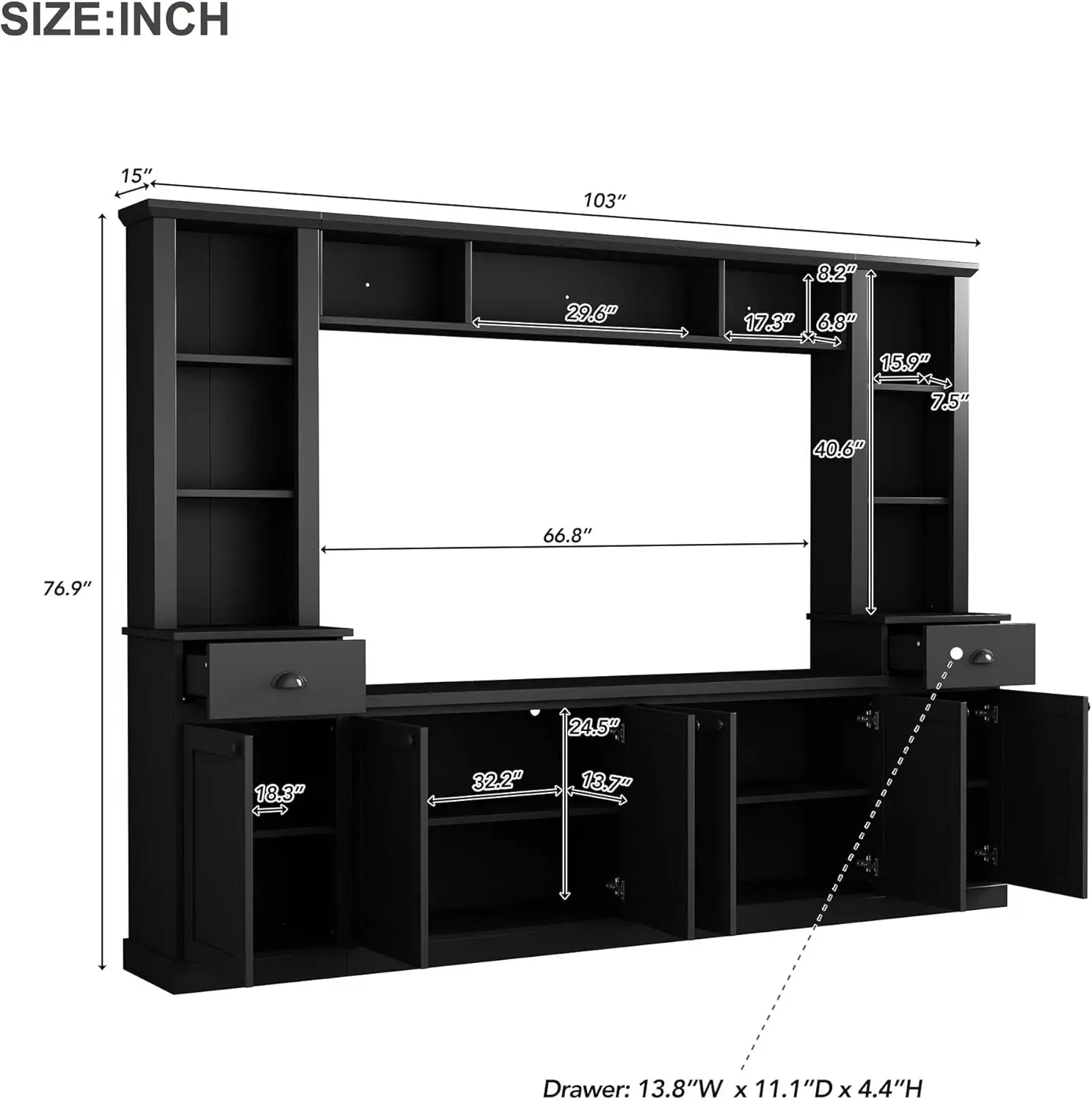 Minimalist Entertainment Wall Unit Set with Bridge Ample Storage Space and Adjustable Shelves,