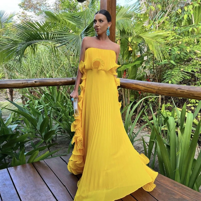 Trendy Women Summer Holiday Dress Yellow Pleated Chiffon Long Formal Dresses Custom Made Ruffled Strapless Beach Party Dress AliExpress