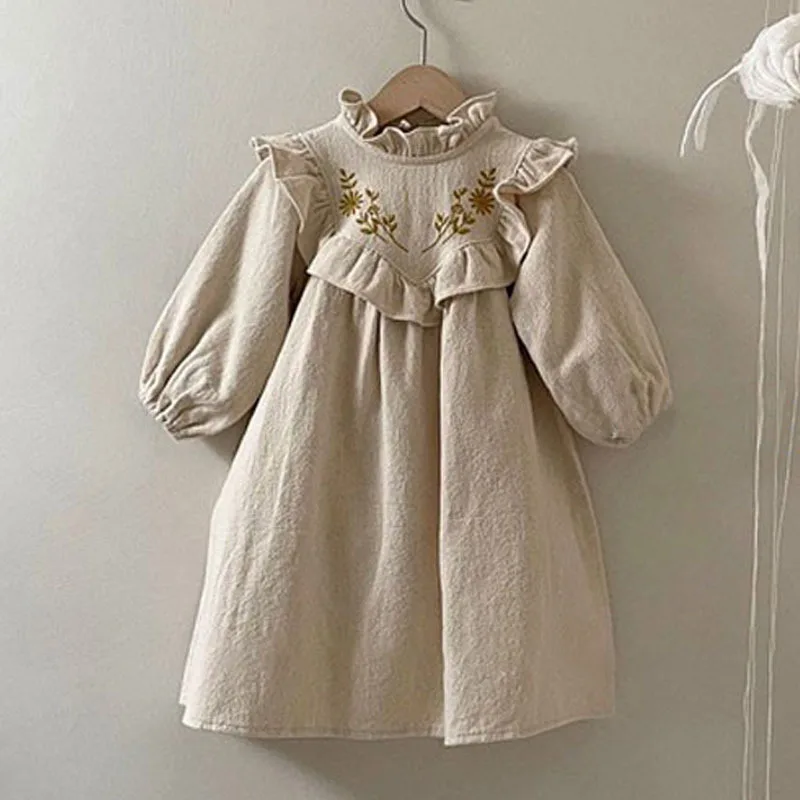 Girls Cotton Dress Princess Girl Long Sleeve Retro Lace Embroidery Dresses Toddler Baby Fashion Dress Clothes