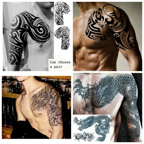 New Waterproof Tattoo Sticker Male Half Shoulder Dragon Totem Breastplate Flame Flower Arm Art Fake Tattoo Black Big Size Tattoo