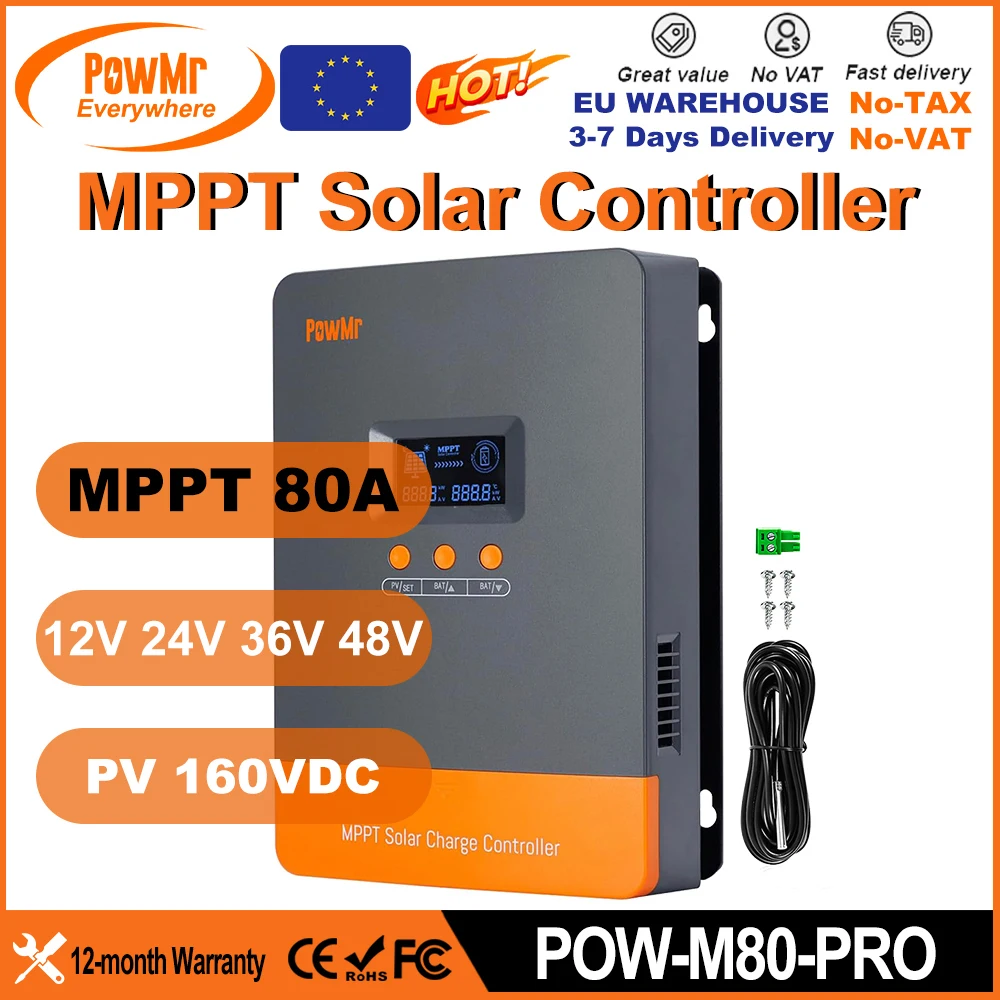 Régulateur de charge solaire MPPT PowMr EU 80A 12V 24V 36V 48V, Entrée PV max 160V 3840W, Écran LCD, capteur de température, protections multiples, compatible batterie LiFePO4 lithium plomb-acide, parallélisable jusqu’