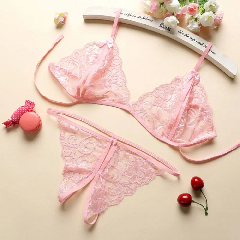 Sexy Floral Embroidery Lingerie High Quality Open Cup Women Bra Panty See Through Lace Lingerie Thong 4 Colors Bra Set