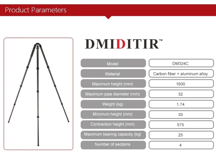 Professional Flexible Carbon Fiber Camera Tripod Four-section  Tripod Carbon Fiber Stand DM324C