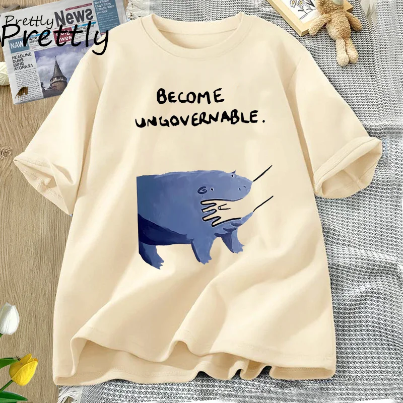 

Become Ungovernable Hippo T-Shirt Moo Deng Design Funny Animal Graphic Tee Rebellious Meme Humor T Shirt Cotton Short Sleeve Top