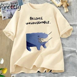 Become Ungovernable Hippo T-Shirt Moo Deng Design Funny Animal Graphic Tee Rebellious Meme Humor T Shirt Cotton Short Sleeve Top