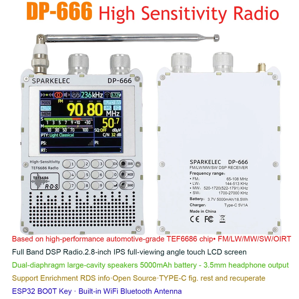 DP-666 TEF6686 Radio FM LW MW SW Full Band Radio Touchscreen LCD Display High Sensitivity DSP Receiver Shortwave Radio