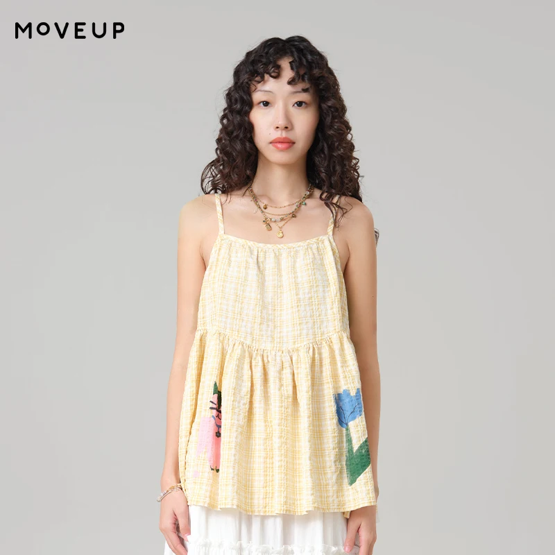 MOVEUP Casual Camisole Top 2026 Summer New Pleated Plaid Adjustable Shoulder Strap Fun Printed Commuting Loose Top 3ELX21101