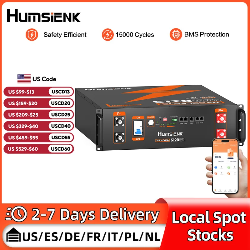 

Humsienk LiFePO4 Серверная стойка Батарея 48 В 100 Ач с 100 А BMS Bluetooth Портативная для фургонов, автофургонов, гольф-каров, туристических автомобилей, солнечной энергии