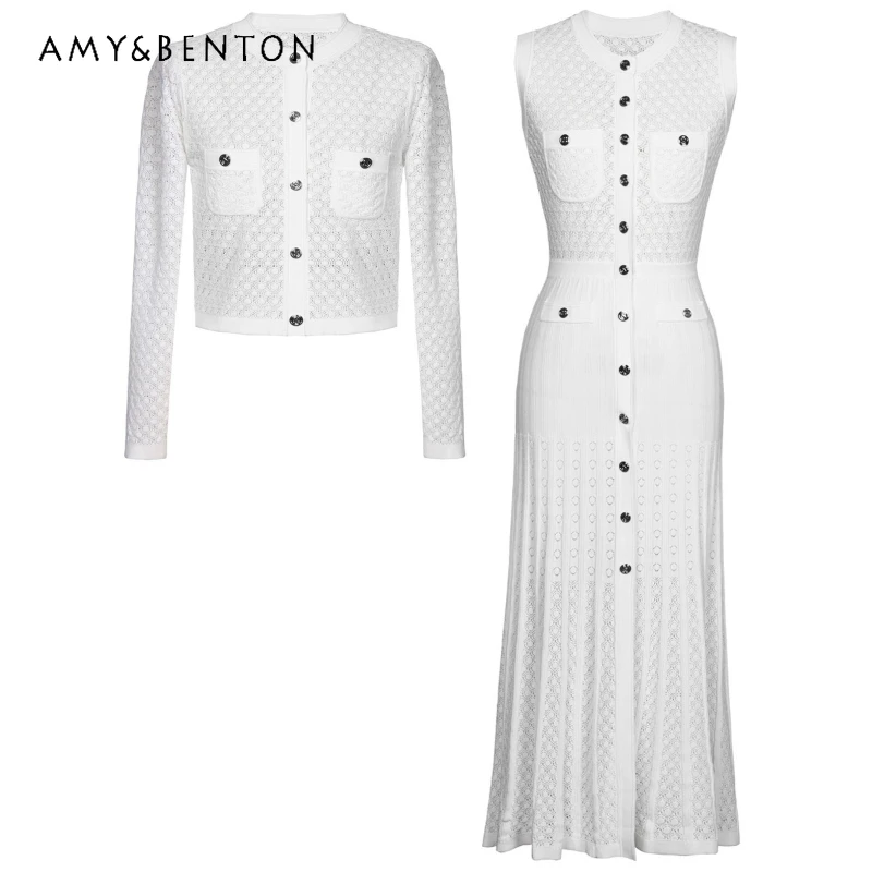 

2026 New Solid Color Hollow Out Women's Knitted Cardigan Original Design Sweet Temperament Sleeveless Long Dresses Suit Ladies