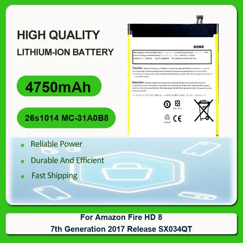 Replacement Tablet Battery For Amazon Fire HD 8 7th Generation 2017 Release SX034QT 26s1014 MC-31A0B8 4750mAh