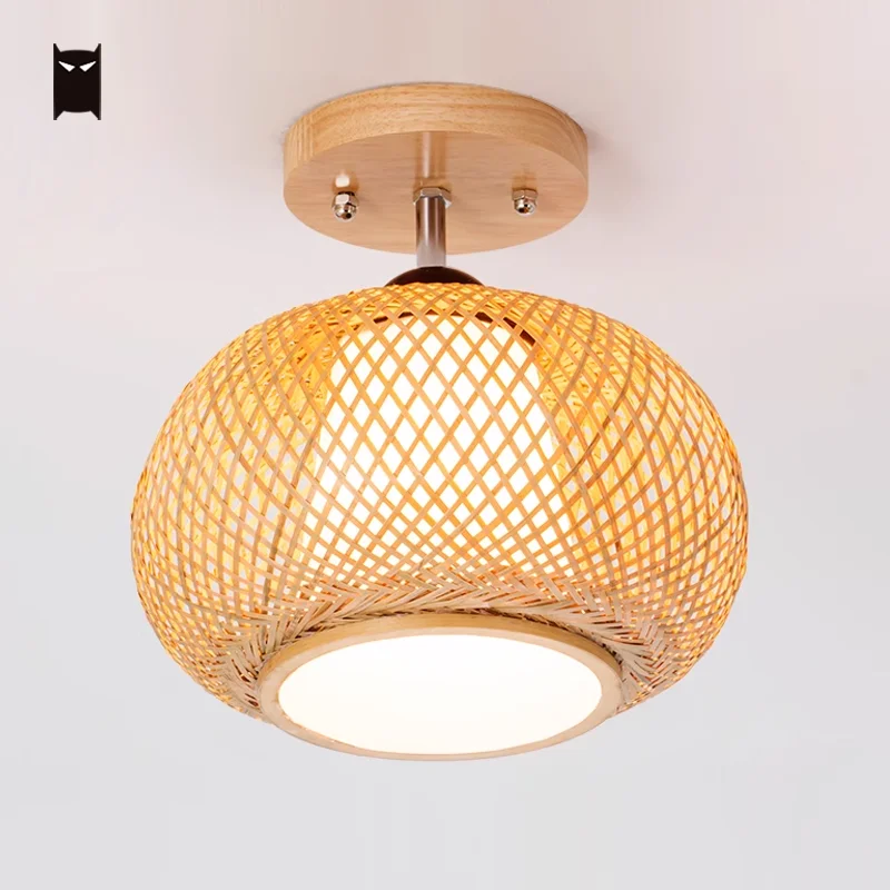 Customizable 25/35/40/50cm Handmade Round Bamboo Ceiling Light Fixture Art Deco Chinese Plafon Lamp Design for Bedroom Hallway