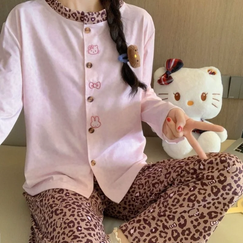 

Комплект пижам Sanrio Hello Kitty: сексуальные пижамы с длинными рукавами и брюками, весенняя одежда для сна, кавайный мультяшный ночной комплект, женская ночная рубашка, домашний костюм