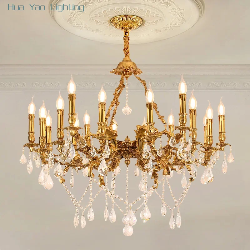French Luxury Lighting Crystal Copper Chandelier Villa Antique Dinning Room Fixture Brass Candle Pendant Light