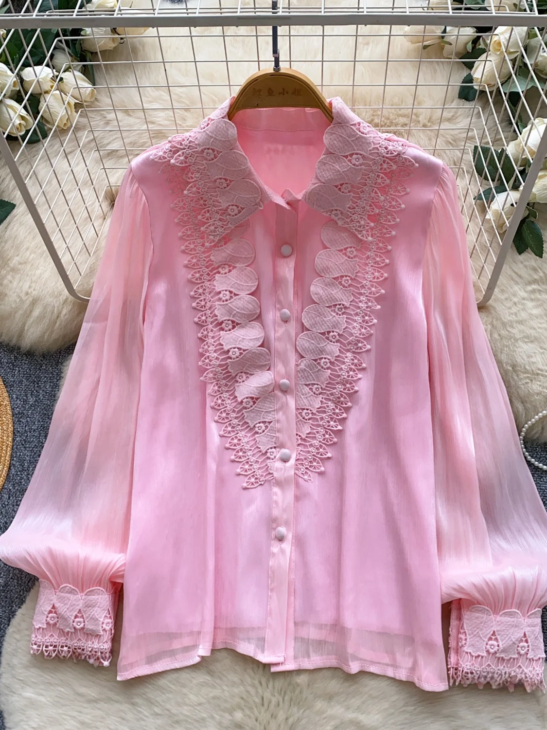 Women's Long Sleeve Shirt Gentle Wind 3D Flower Wood Grain Breathable Skin-friendly Pink Color Commute Style Autumn 2026