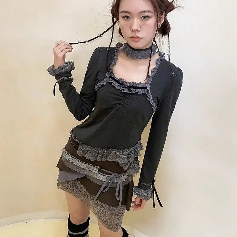 Y2k Vintage T-shirt Vrouwen Harajuku Patchwork Kant Halter Lange Mouw Crop Top Grunge Chic Vierkante Kraag Slanke Tees 2025