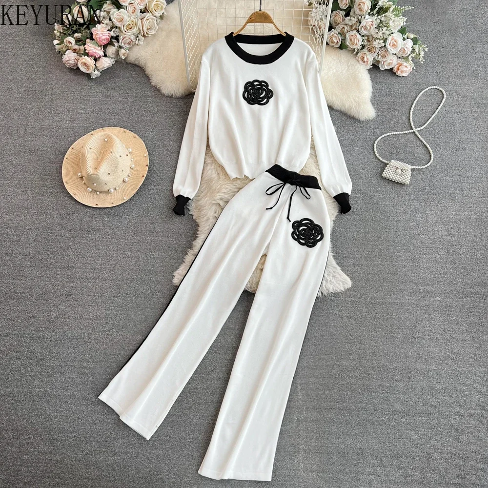 Flower Embroidery Knitted 2 Piece Women Set Winter Spring Casual Black Knitting O-Neck Sweater Long Sleeve Top + Long Pants Sets