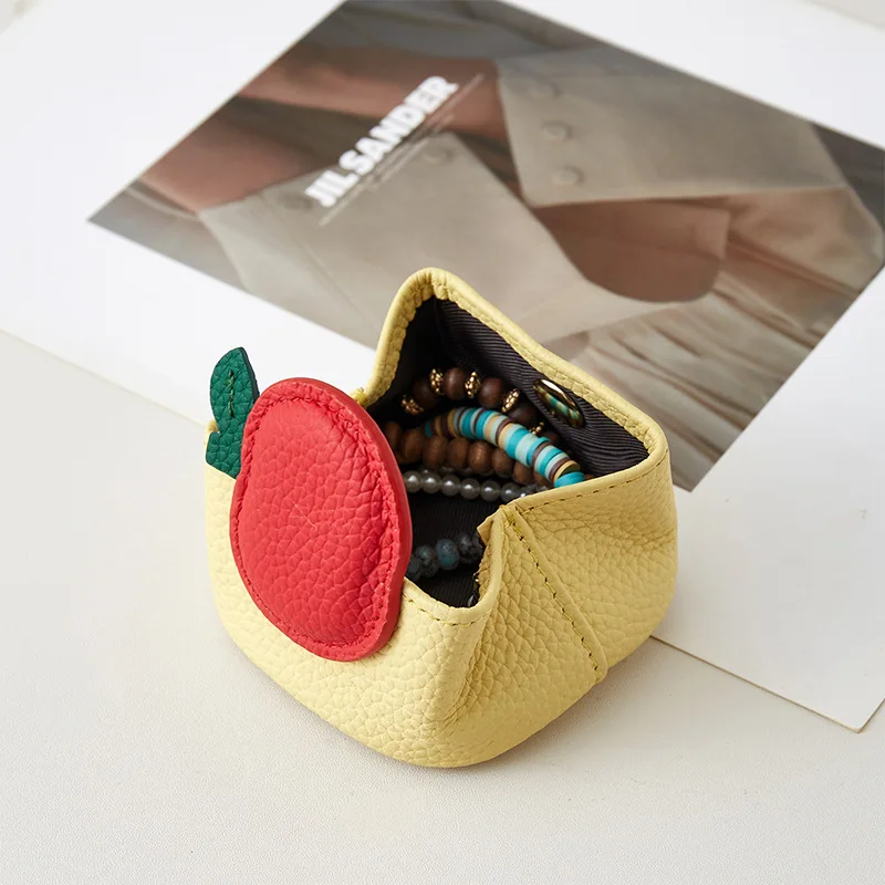 Cute Apple Appliques Cowhide Wallet&Purse Korean Fashion Creative Design Women's Coin Earphones Jewelry Mini Storage Bags