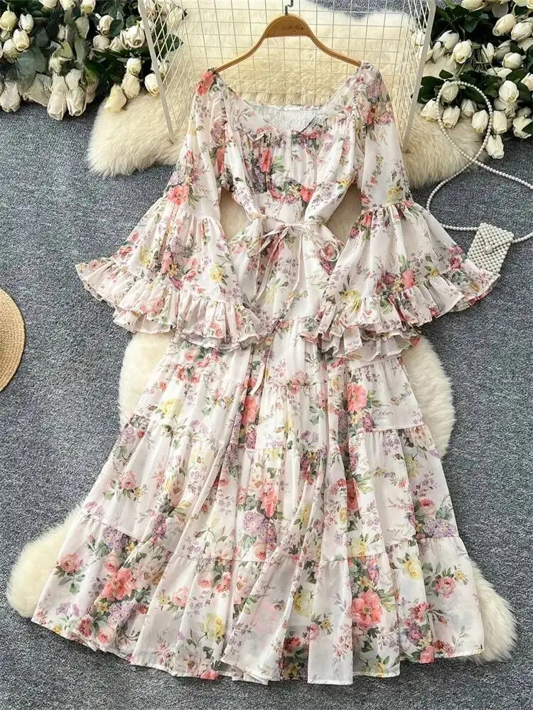 Vestido de praia francês feminino sexy fora do ombro manga alargada floral chiffon vestidos longos outono folha de lótus babados longo robe