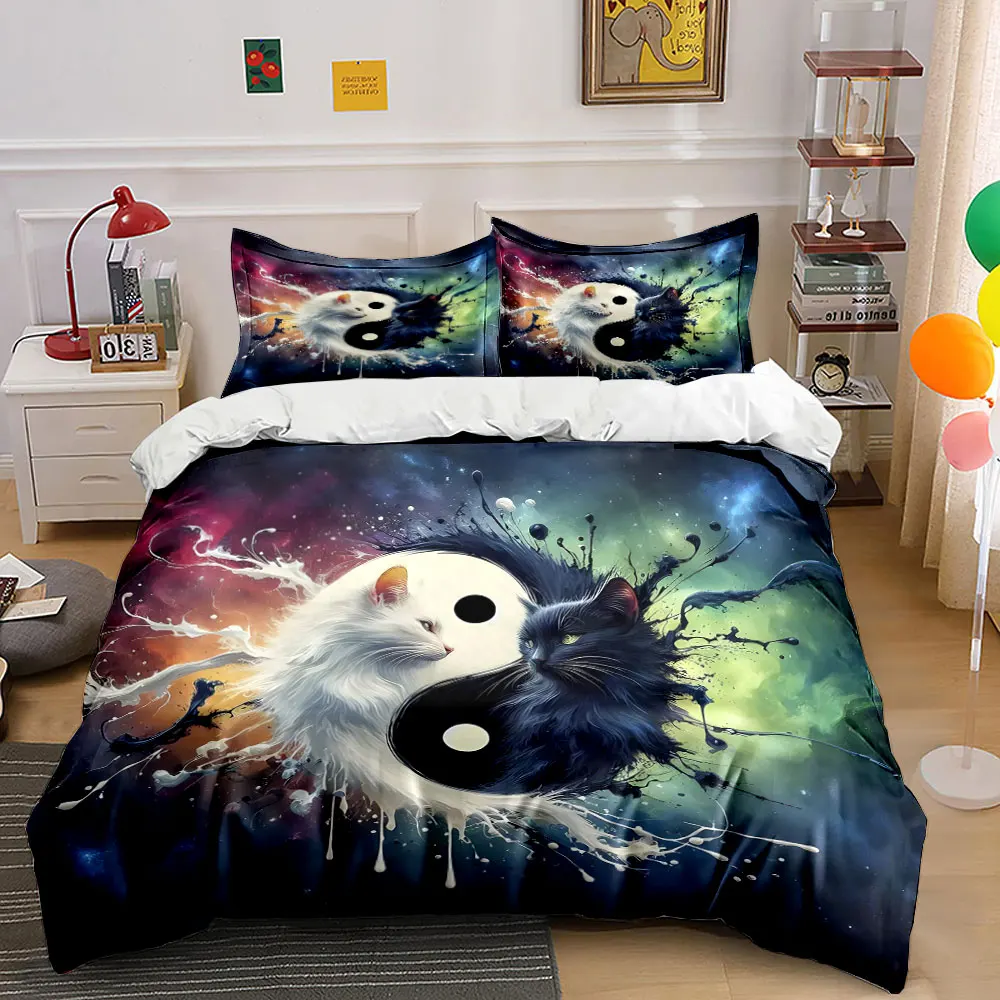 Yin Yang Cat Art Decor Bedding Set with 1 Duvet Cover 2 Pillowcases Single Double King Queen, Gift
