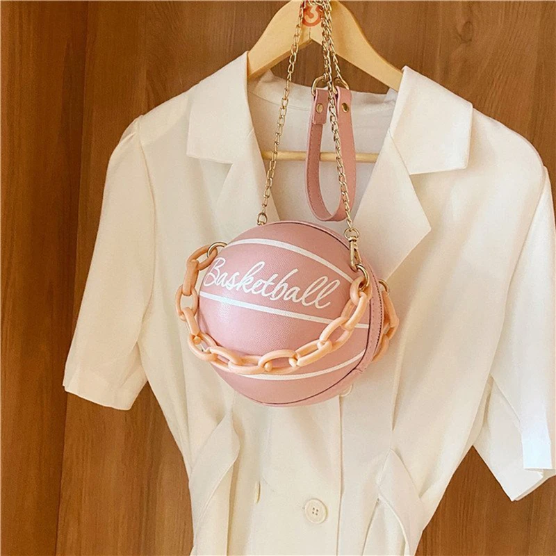 

Personality Female Leather Pink Basketball Bag 2022 New Ball Purses For Teenagers Women Shoulder Bags Crossbody Chain Hand Bags