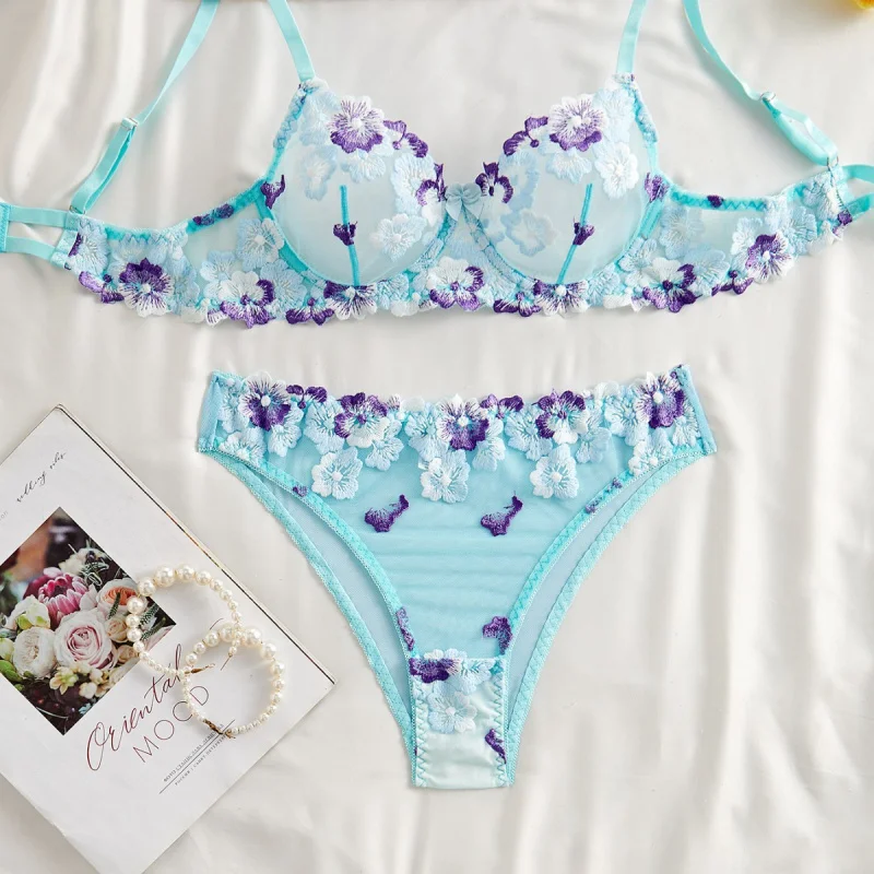 Bikini lingerie set with sheer floral embroidery lace sexy bra pure desire