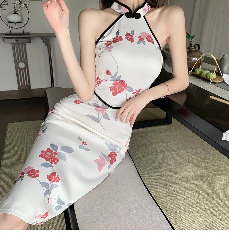 

Women Elegant Sleeveless Qipao Sexy Party Dress Chinese Style Print Slim Cheongsams Retro Bodycon Evening Dress Vintage Vestidos