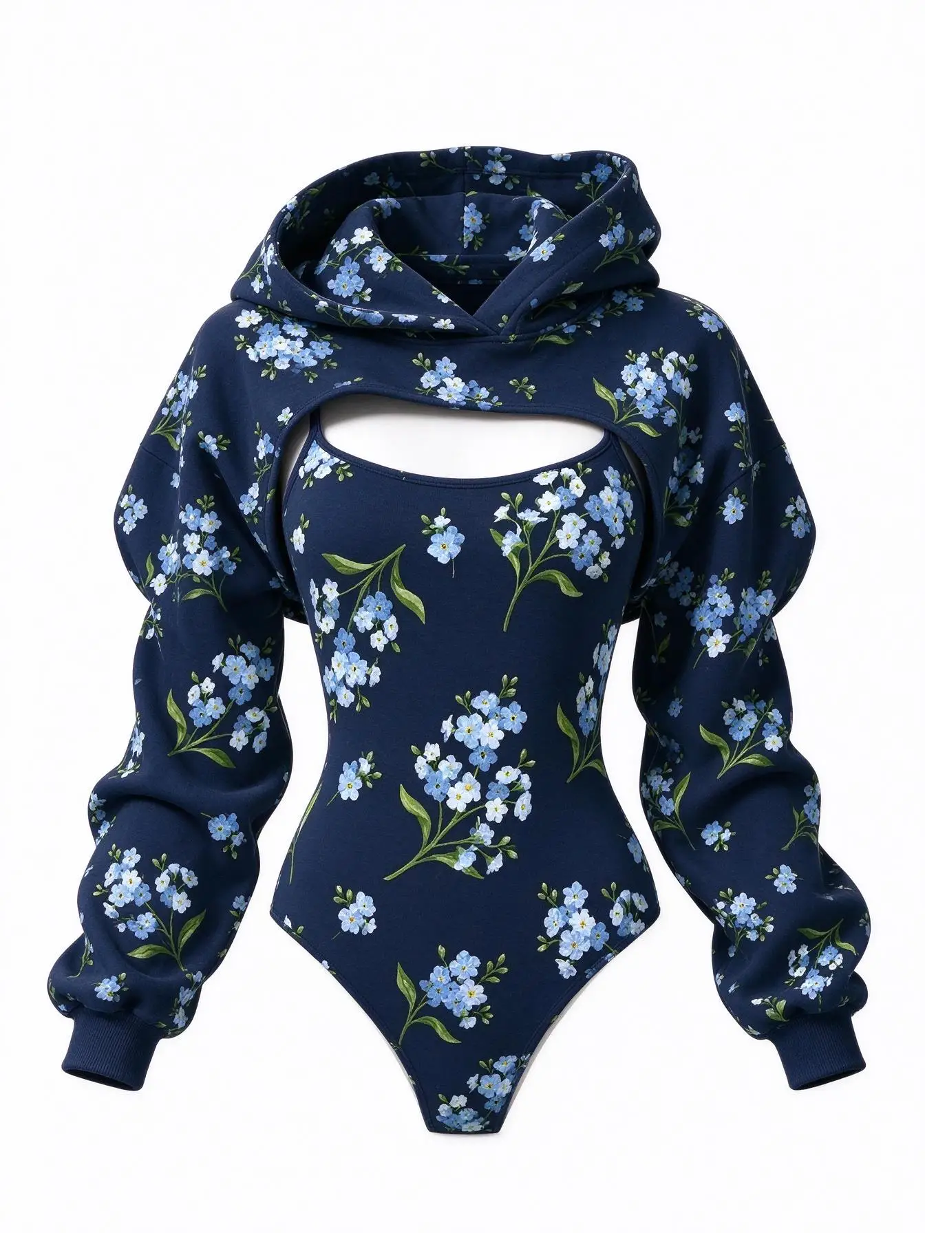 Elegant Botanical Print Women Bodysuit Set, Oversized Hooded Shrug & Matching