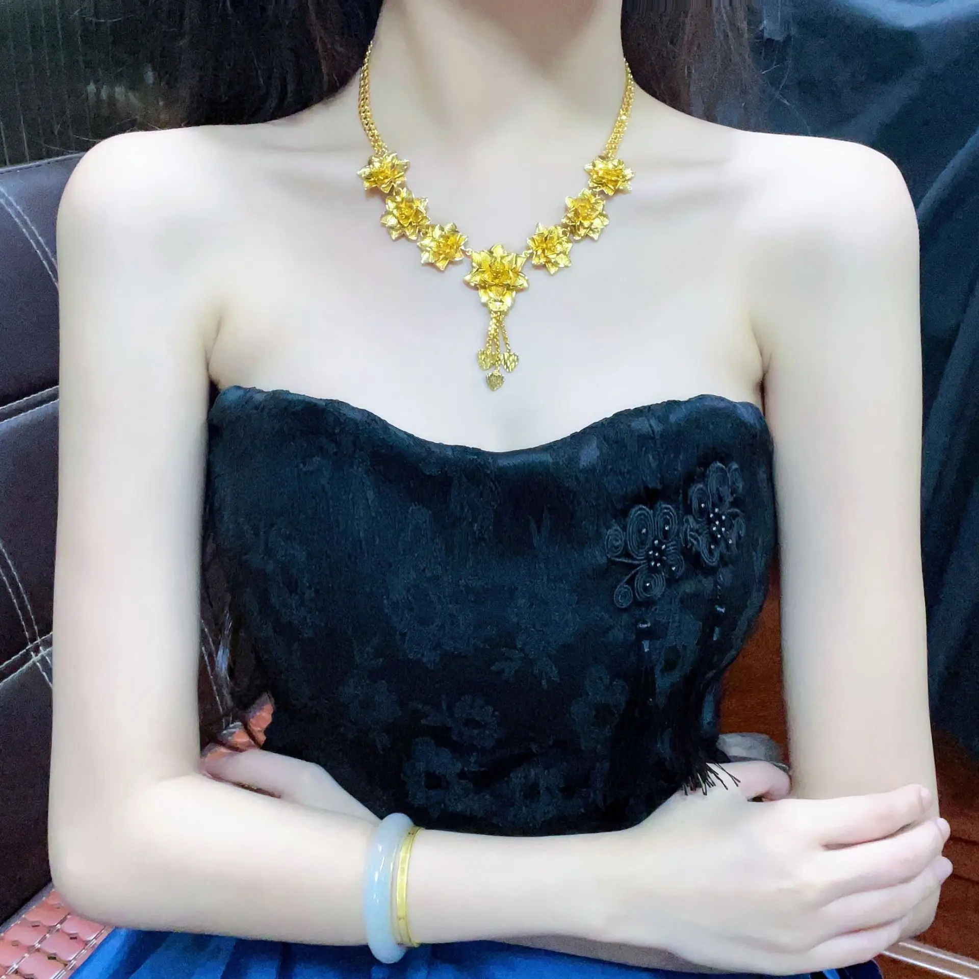 Luxury 24K 9999 Pure Gold real gold Dubai Middle East Flower Women's Necklace Set Lotus Necklace - view 5