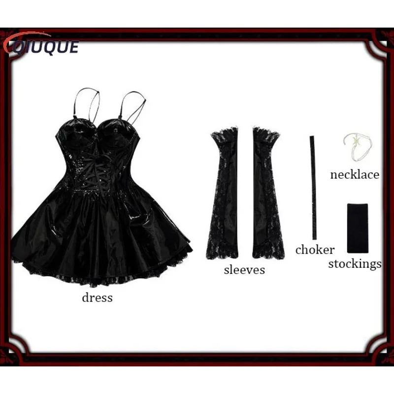 l2025l Новый Миса Амане Косплей Костюм Парик Искусственная Кожа Сексуальное Платье Ожерелье Кружевные Рукава Чулки Женская Униформа Аниме Outf