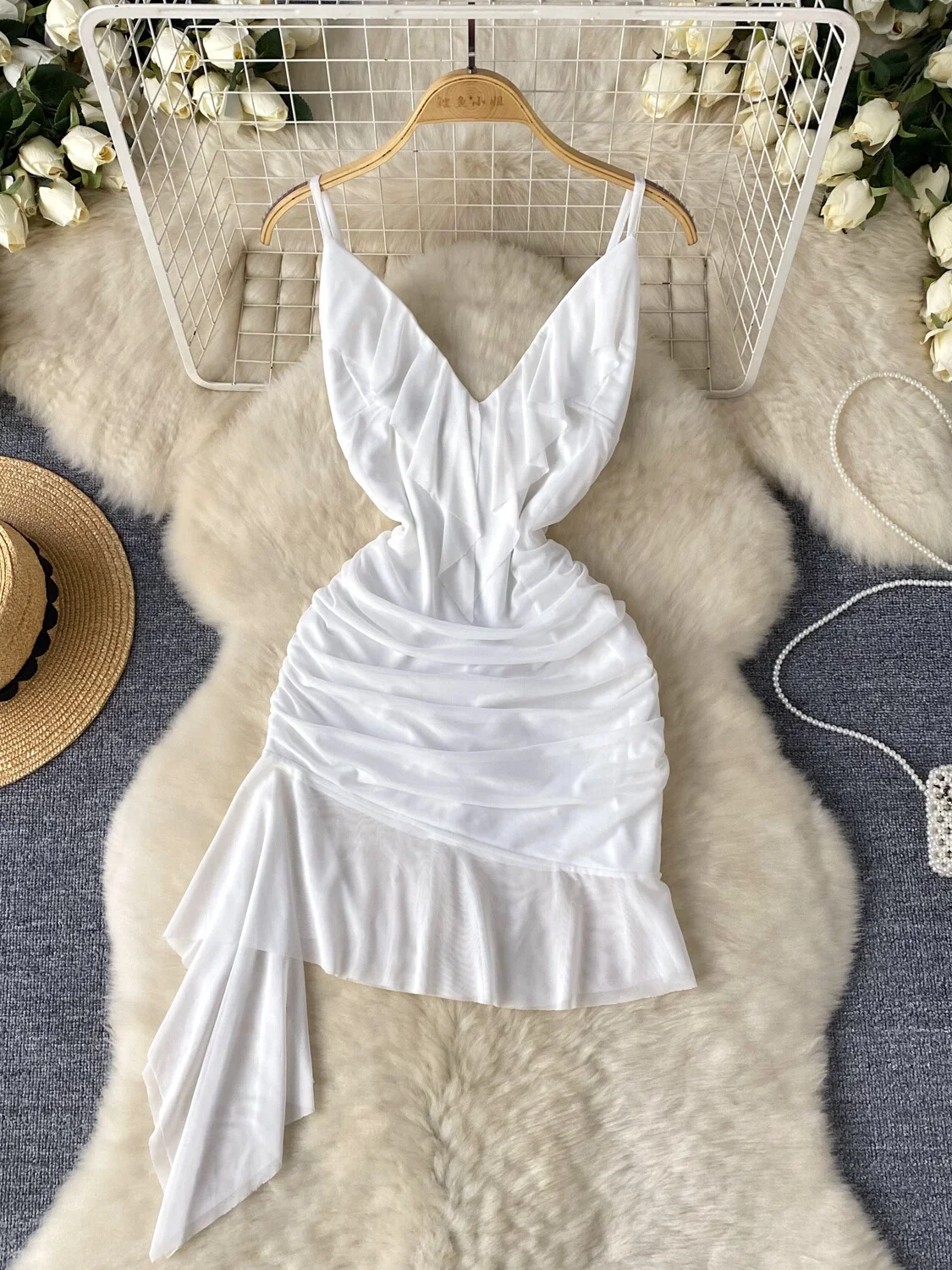 

Foamlina Spaghetti Strap Dress 2024 Summer Fashion Women Solid V Neck Sleeveless Slim Ruched Ruffles Irregular Mesh Mini Dresses