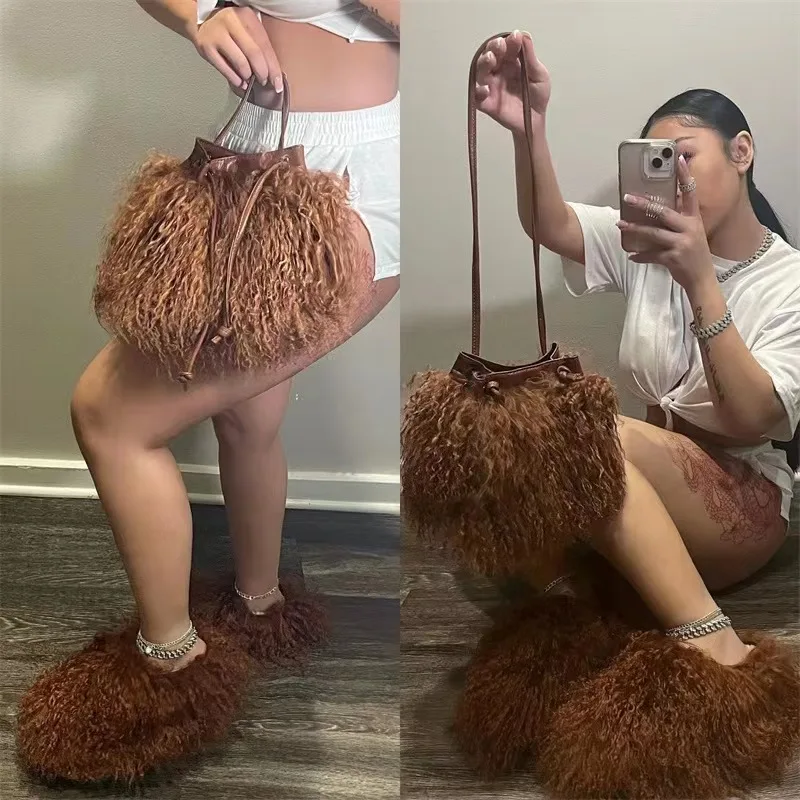 High Quality Solid Fluffy Mongolian Fur Slides And Mongolian Fur Bucket Bag Set Fashion Winter Slippers For Women Furry Sandals