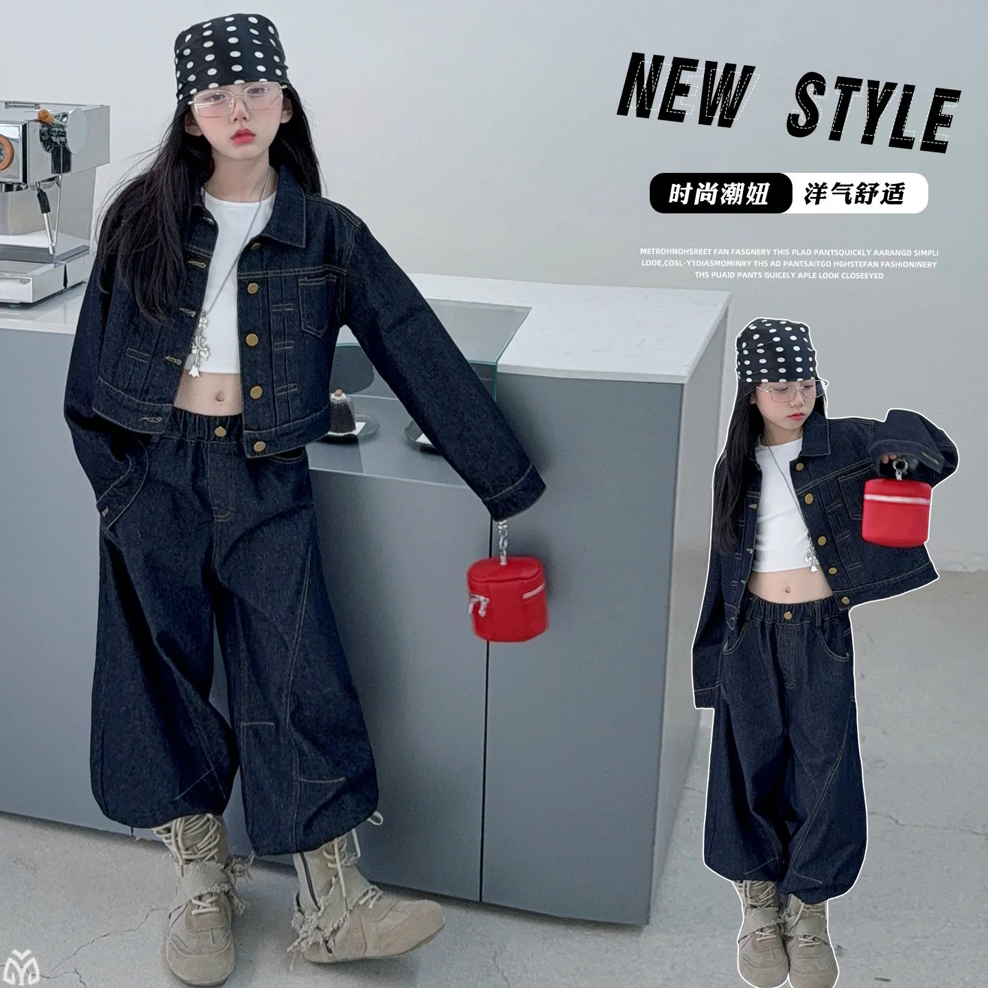 2026 autumn childrens clothing suit denim jacket wide-leg jeans 2-piece set teenager girls clothes set kid clothing outfits 4-14