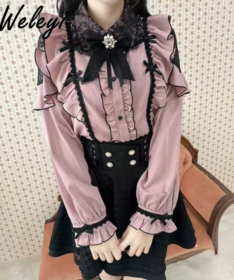 Japanese Style Sweet Rojita Bow Lace Splicing Brooch Blouse Fashion Camisas Mujer Mine Series Mass Produced Long Sleeve Shirt