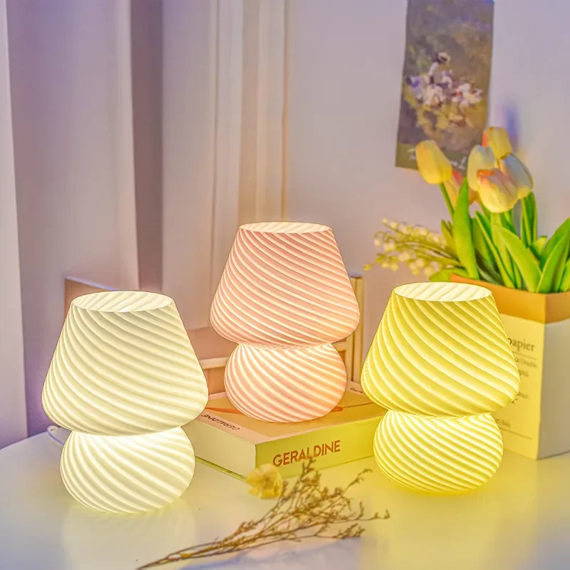 

Glass LED Table Lamp Korean Ins Style Striped Mushroom Lamp Desk for Bedroom Bedside Lamp Home Decor Cute Mini Holiday Gifts