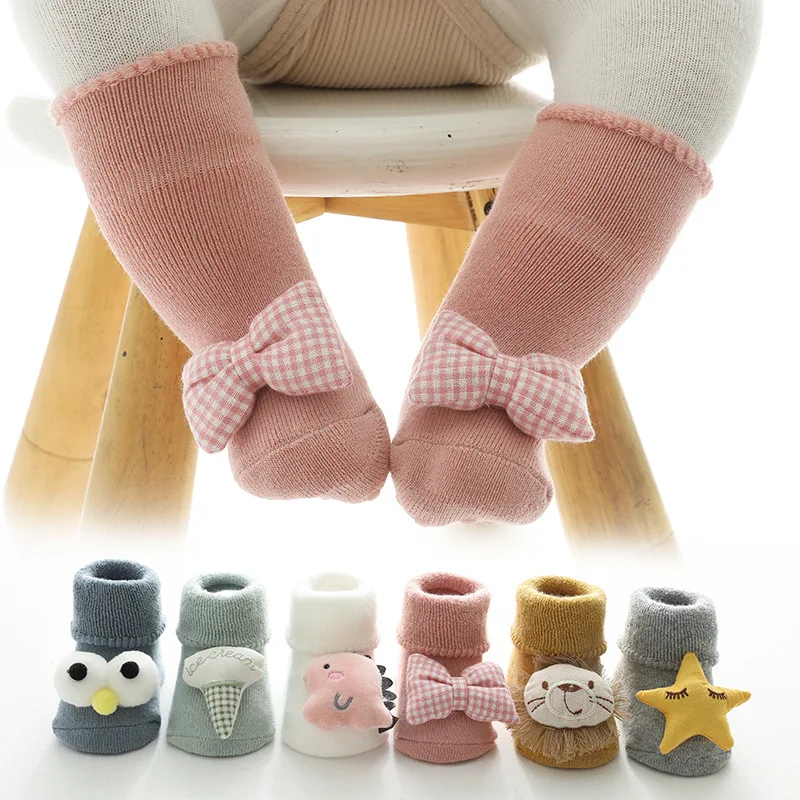 Autumn Winter Baby Girls Soft Cotton Terry Floor Socks Newborn 3D Doll Cartoon Animal Bow Anti Slip Shoes for Infant Boy Clothes