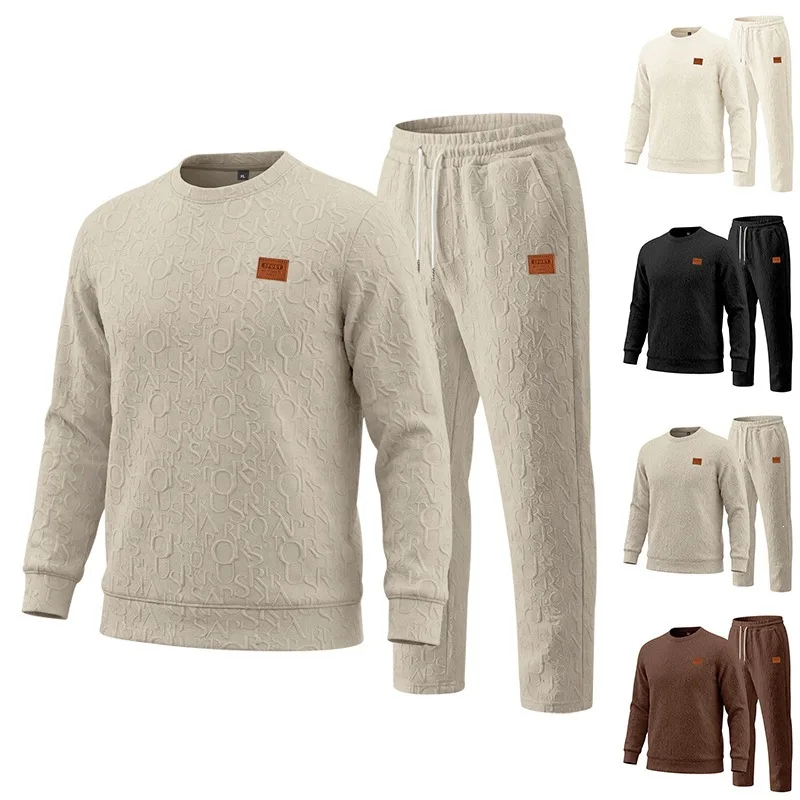 2026 Cross-border Spring and Autumn Men's Texture Pattern Set, Embossed Letter Crew Neck Sweater Pants Set, Large Size Wholesale view 3