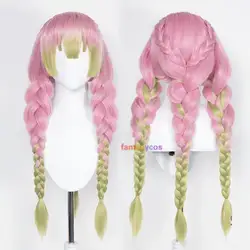 Kanroji Mitsuri Cosplay Wig, Kimetsu No Yaiba, Perucas de trança verde rosa longo misturado, Halloween Party Hair para Role Play