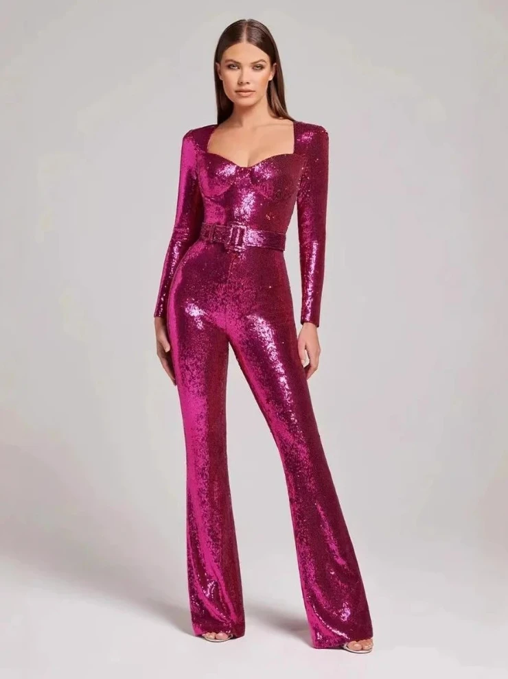 

Женский комбинезон с пайетками — облегающий комбинезон длиной до пола, с длинными рукавами и поясом с высокой талией, комбинезон для вечеринок и вечеринок