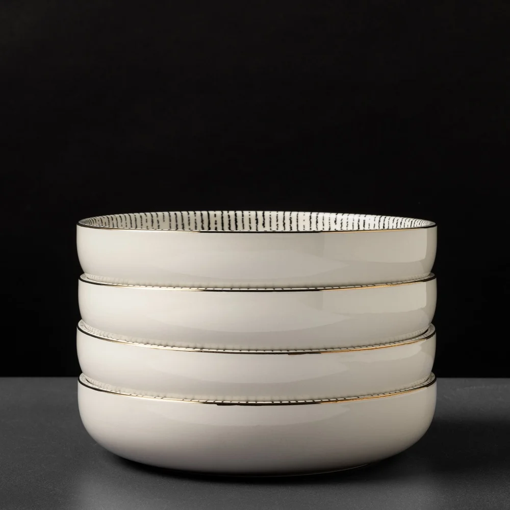 مجموعة أوعية منخفضة من الخزف الحجري مكونة من 4 أوعية أنيقة ومتينة ومتعددة الاستخدامات وآمنة للاستخدام في غسالة الأطباق والسلطات المثالية وأساء المعكرونة