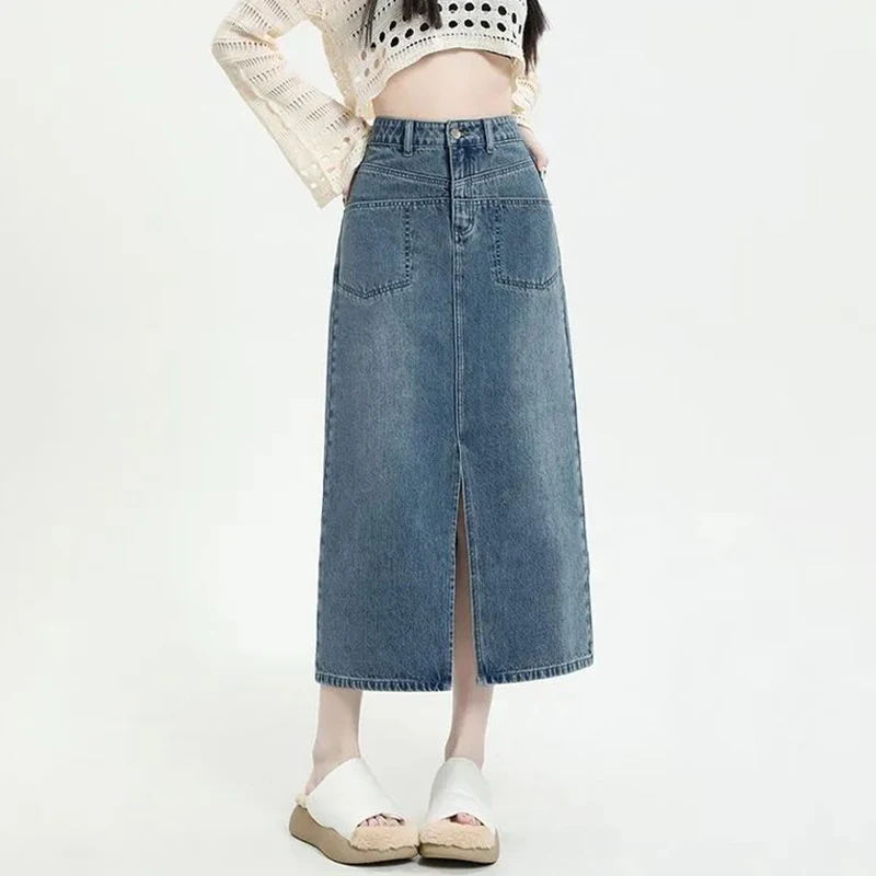 Summer New Fashion Women Blue High Waist Skirt Lady Slim Fit Thin Slit Jeans Skirts Girls Korean Leisure Denim Dress