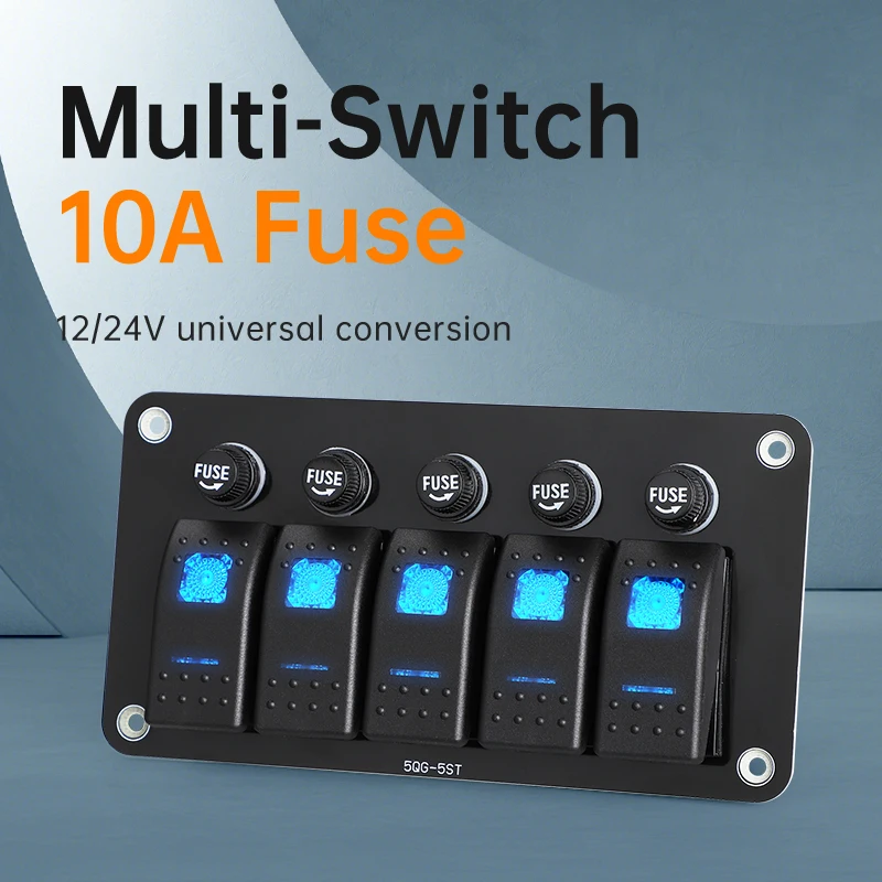 5 Gang Rocker Switch Panel Pre-Wired With  Fuse Holder Fast Blow Glass Fuse kit IP65 Waterproof 12-24V for Marine Boat Car Truck