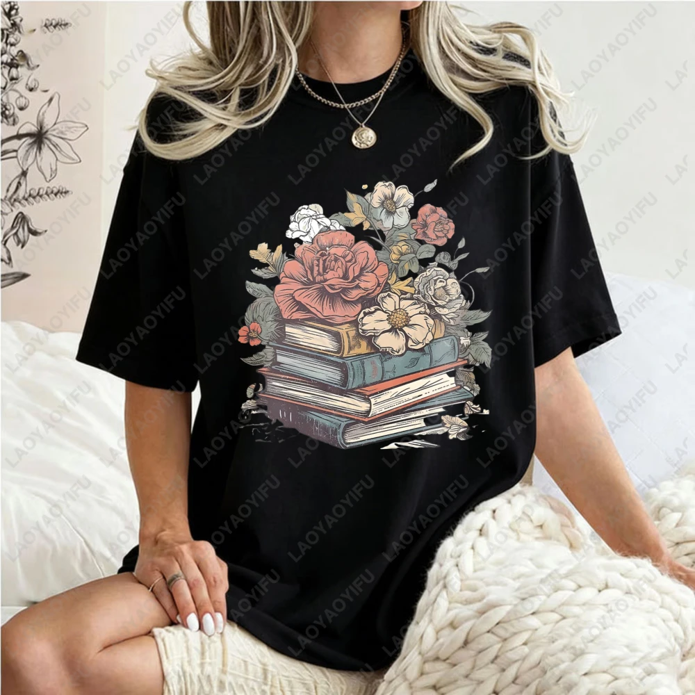 

Floral Books Stack Design Unisex Cotton T-Shirt Casual Loose Fit Summer Fashion Trendy Graphic Tee For Women And Men