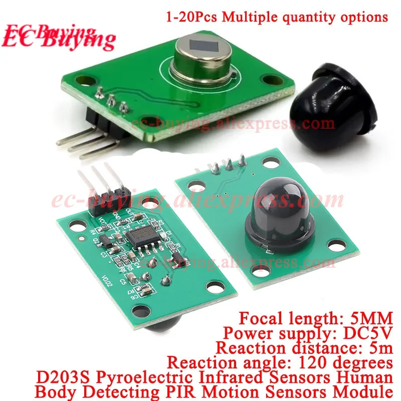 1Pc-20Pcs Human Body Infrared Sensor D203S Pyroelectric Probe Switch PIR Motion 011050 Black Lens 5m Reaction Angle 120 Degrees