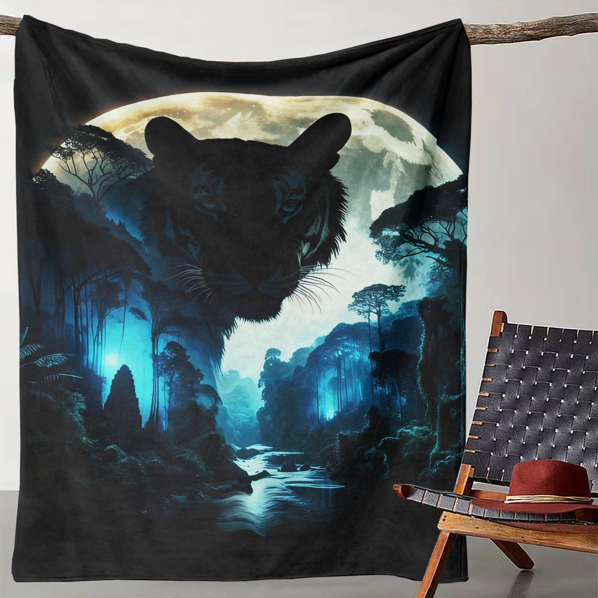 

1 Moon Night Tiger Shadow Jungle Mystery Blanket, Dark Fantasy Animal Home Decoration Blanket
