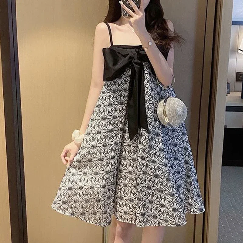 

Bow Design Vintage Strap Dresses Women Sleeveless Elegant Floral Dress Female 2021 Summer Kawaii One Piece Dress Korean