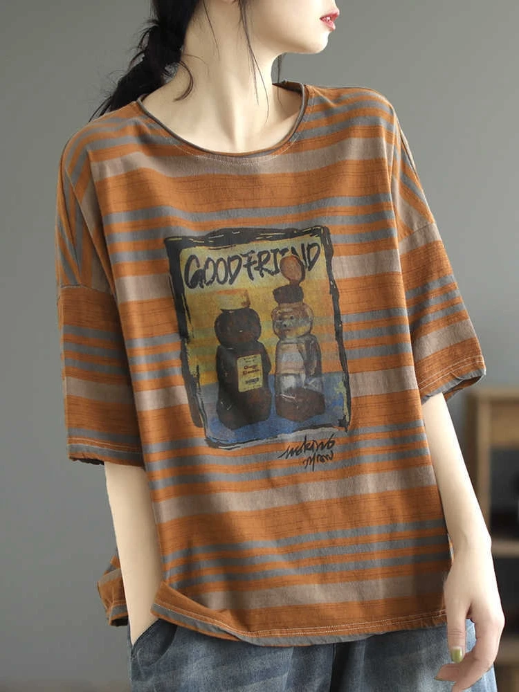 تي شيرت نسائي مخطط من القطن الخالص ort Sve مطبوع فضفاض أمريكي Sle توب عصري ماركة أزرق مقاس كبير ريترو كوموت...