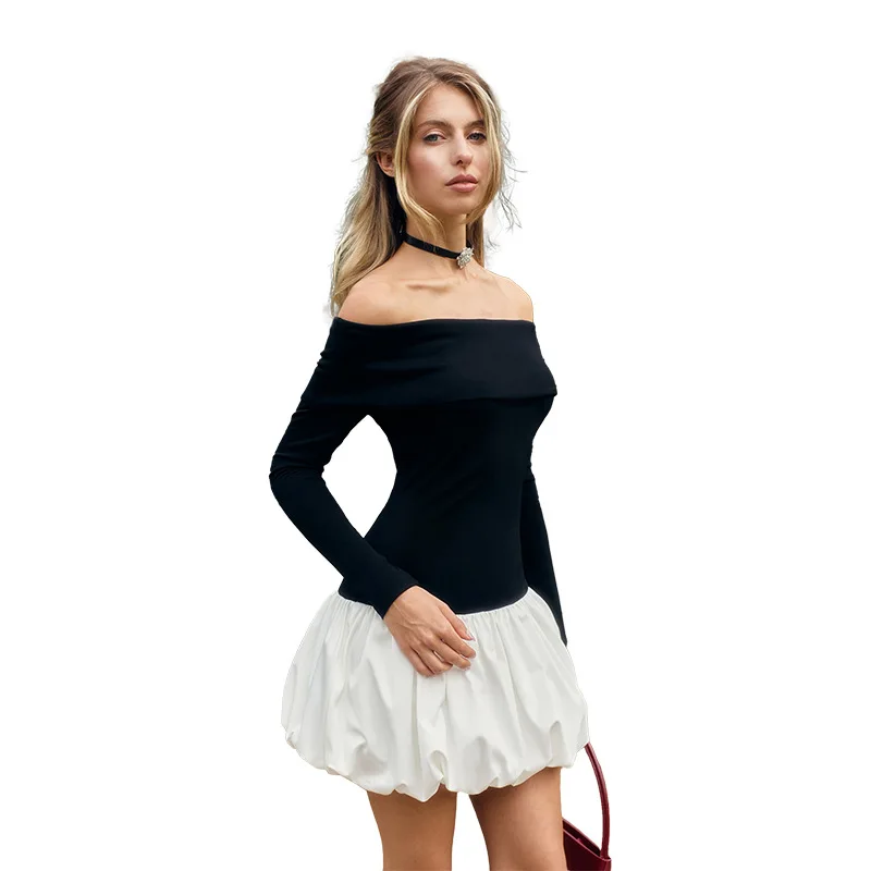 2025 new model, fresh wind casual one-word shoulder color matching long-sleeved A pendulum commuter dress women cw31300