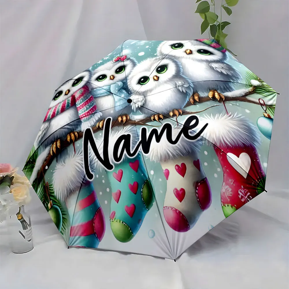 Custom Name Cute Owls Decorated Christmas Umbrella Print 8 Iron Ribs Folding Umbrella Auto-Open Fashion Sunshade