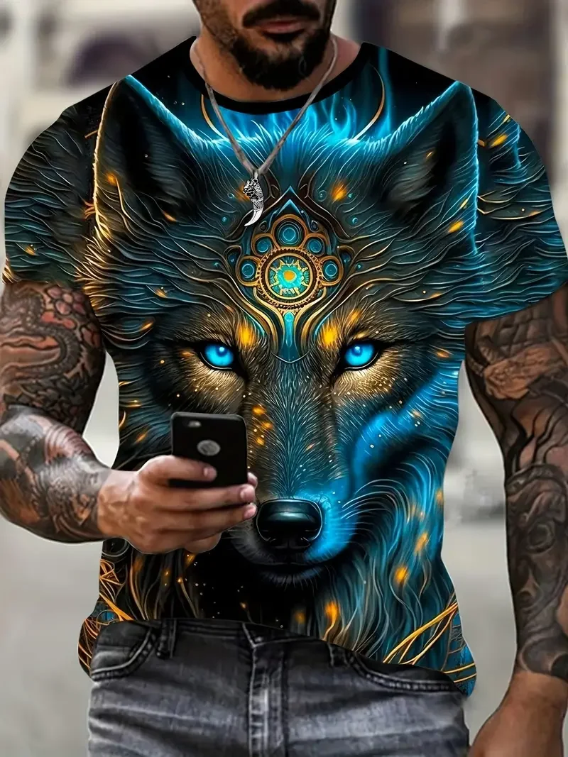 Animal Wolf Print T Shirt For Men Summer Polyester Round Neck Loose Short Sleeve Streetwear Oversized T-shirts Casual Tops Tees