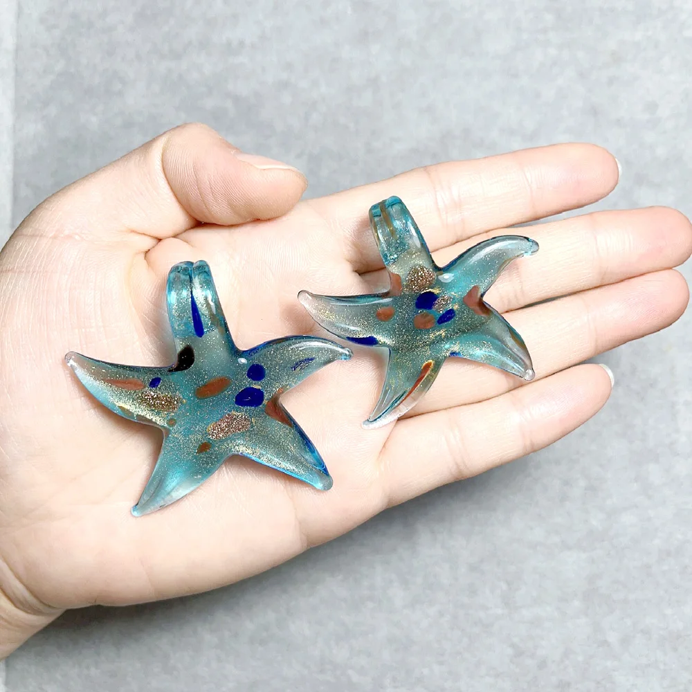 2PCS/Lot 53MM Contains Gold Foil Starfish Shape Pendant Handmade Lamp Work Beads DIY Necklace Jewelry Making